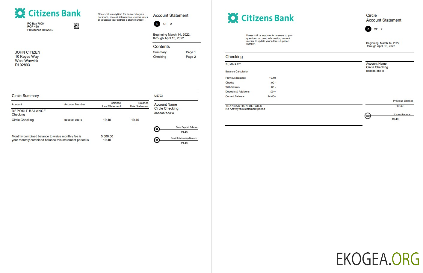 Modèle Word et PDF de relevé bancaire des citoyens des États Unis, 2 pages